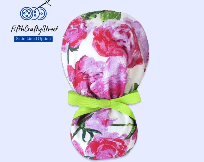 Ponytail Scrub Cap - Surgical Cap with Satin Lining Option -Watercolor Floral -Lightweight Cotton - FifthCraftyStreet