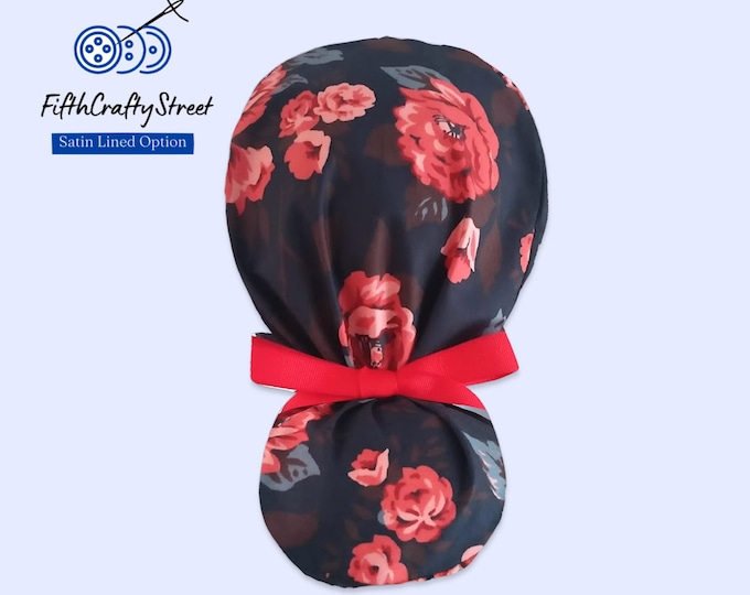 Ponytail Scrub Cap - Surgical Cap - Floral - Satin Lined Option - FifthCraftyStreet