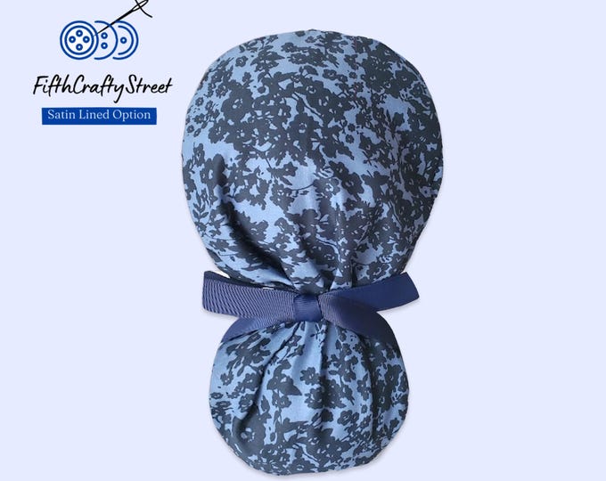 Ponytail Scrub Cap - Surgical Cap - Blue Floral - Lightweight Cotton - Silky Satin Lined Option - FifthCraftyStreet