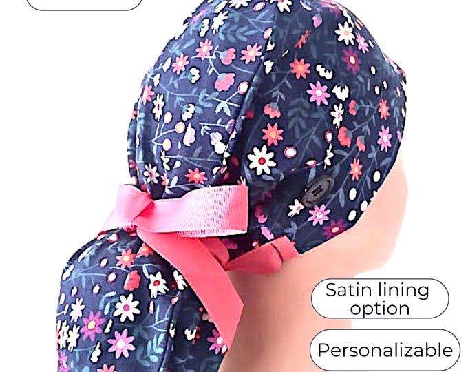 Satin Lined Surgical Scrub Cap - Navy with Coral Ribbons - FifthCraftyStreet