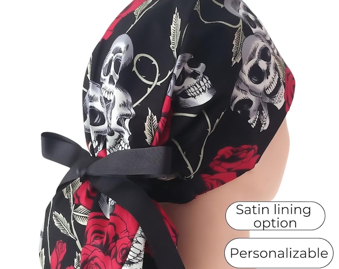Halloween Ponytail Scrub Cap - Skull Surgical cap for Women - Satin Lining option - FifthCraftyStreet