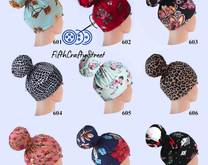 high bun scrub cap, surgical scrub hat ponytail, stretchy knit jersey hats, ready to ship US - FifthCraftyStreet