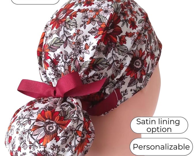 Ponytail Scrub Cap Satin Lined Personalized : Fall Floral