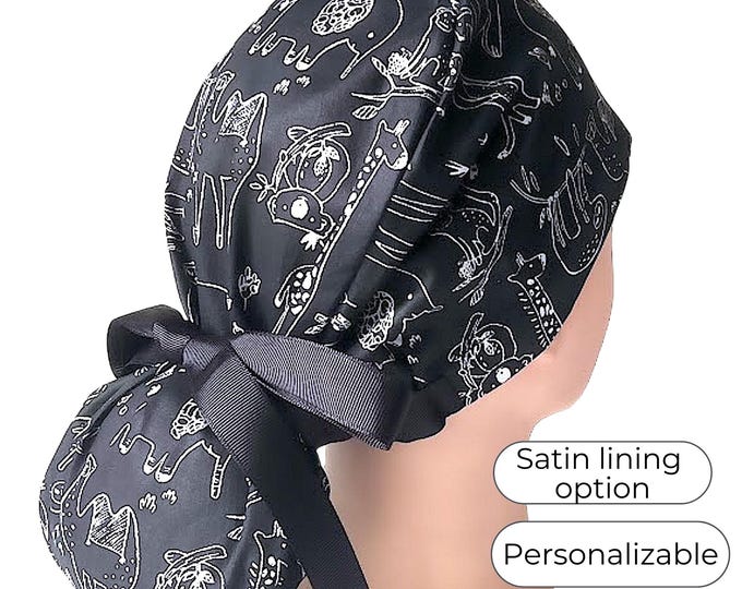 wild animal black Ponytail Scrub Cap for Women - Surgical Cap Satin Lined Option - FifthCraftyStreet