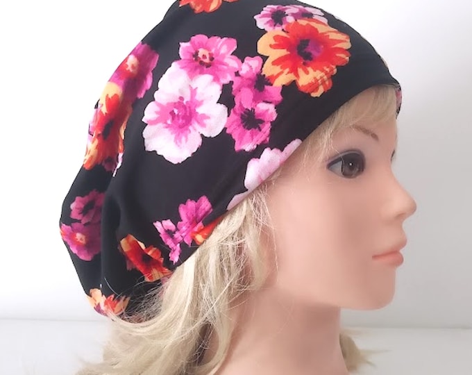 stretchy scrub cup, surgical euro hat, black pink, handmade quick ship USA - FifthCraftyStreet
