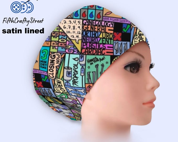 Surgery Pattern Operation Room - Euro Scrub Cap Satin lined - Adjustable - FifthCraftyStreet