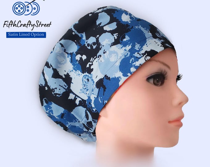 Euro Scrub Caps - Adjustable - Satin Lining option - Skeleton Blues -