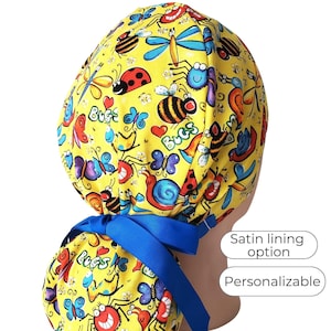 Yellow Bug Print Ponytail Scrub Cap Satin Lined Surgical Hat for Women