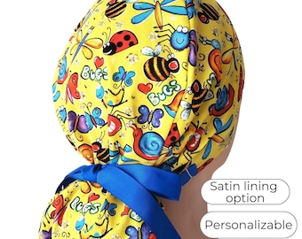 Yellow Bug Print Ponytail Scrub Cap Satin Lined Surgical Hat for Women