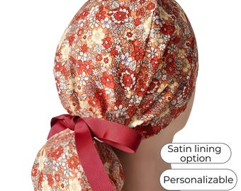 Fall Ponytail Scrub Cap for Women - Floral Surgical Cap with Satin Lined Option -
