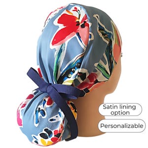 Ponytail Scrub Cap for Women - Floral Surgical Cap Silky Satin Lining option -