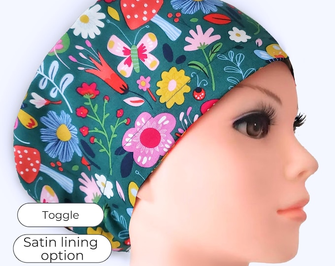 Euro Scrub Cap - Adjustable - Satin Buttons Lined option - Green Garden, Mushroom
