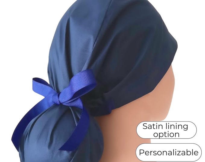 Solid Dark Blue Ponytail Scrub Cap for Women - Surgical Cap with Satin Lined Option - FifthCraftyStreet