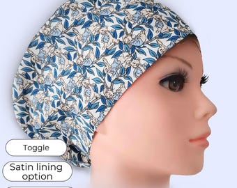 Bunny in Blue Jacket Euro Scrub Cap Satin Lined option Surgical Hat for Women