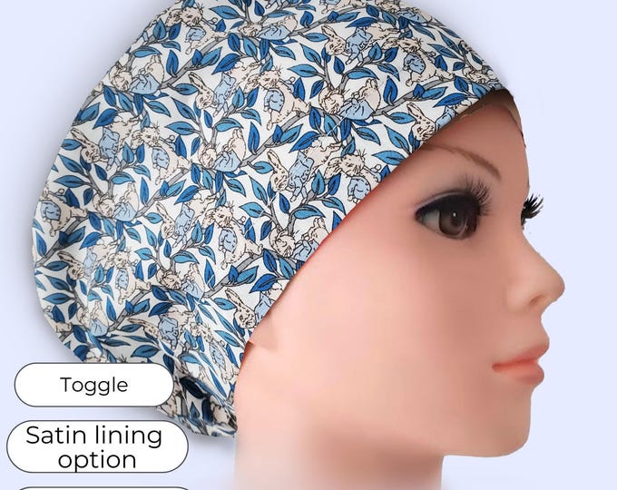 Bunny in Blue Jacket Euro Scrub Cap Satin Lined option Surgical Hat for Women
