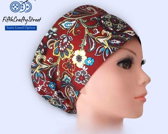 Euro Scrub Cap - Adjustable by toggle - Satin Lining option Maroon Floral