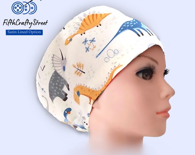 Euro Scrub Caps - Adjustable - Satin Lined option - Dinosaurs cream - FifthCraftyStreet