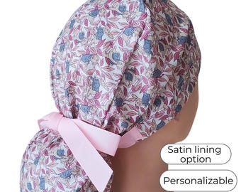 Bunny Ponytail Scrub Cap, Adjustable Nurse Hat with Satin Lining, Personalized