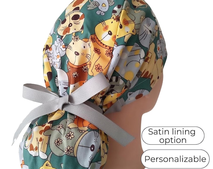Scrub Cap Ponytail Style with Satin Lining and Personalization: Cat on Green