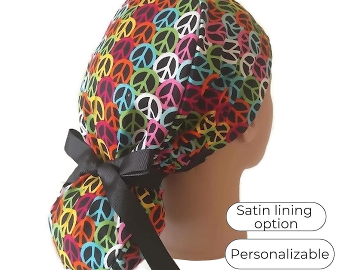 Peace Sign Ponytail Scrub Cap for Women - Surgical Cap Satin Lined Option -