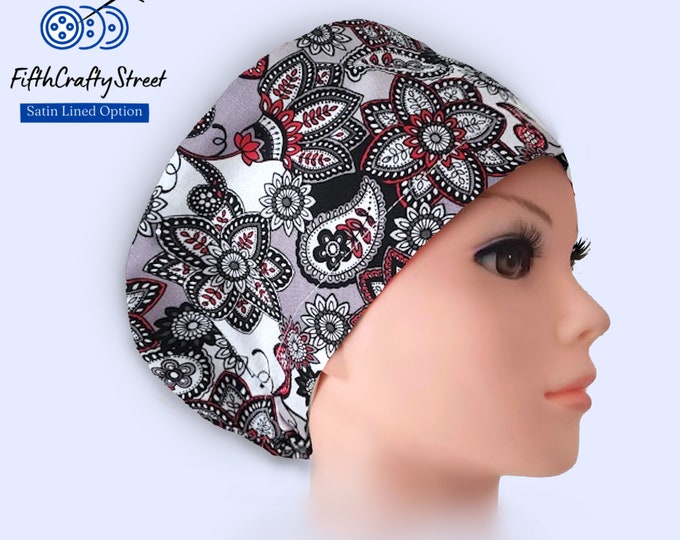 Euro Style Scrub Cap - Adjustable - Satin Lining option - Bali print - FifthCraftyStreet