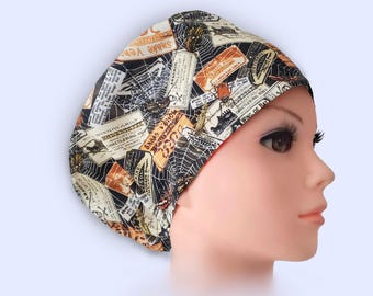 Euro Scrub Cap - Adjustable - Satin Buttons Lined option - Vintage Potions