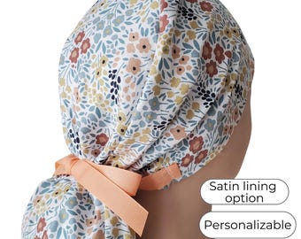 Pastel Floral Ponytail Scrub Cap for Women: Satin and Personalization Option