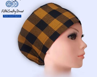 Satin Lined Scrub Cap - Buffalo Plaid Flannel, Adjustable Euro Style