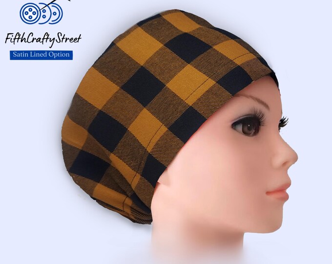 Euro Scrub Cap for Women - Adjustable - Satin Lined Scrub Cap - buffalo plaid flannel - FifthCraftyStreet