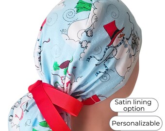 Christmas Snowman Ponytail Scrub Cap: Satin Lined Personalized Scrub Caps for Women