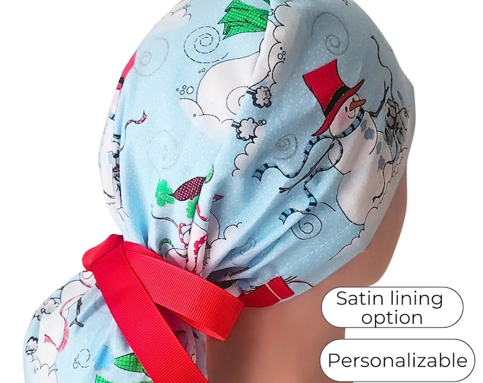 Christmas Snowman Ponytail Scrub Cap: Satin Lined Personalized Scrub Caps for Women