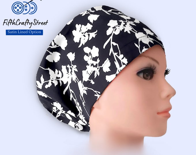 Euro Scrub Cap for Women - Adjustable - Satin Lined Scrub Cap - Floral Black - FifthCraftyStreet