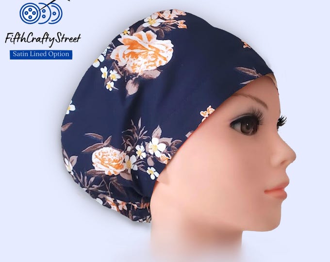 Euro Style Scrub Cap - Adjustable - Satin Lining option - Roses Coral  - FifthCraftyStreet