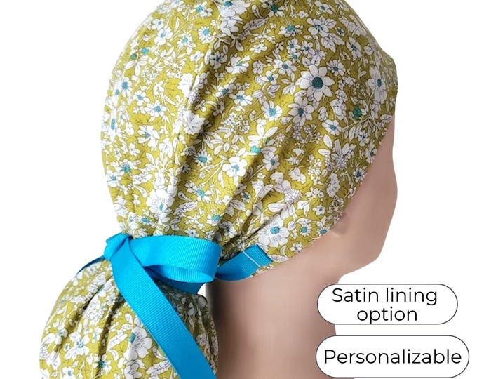 Ponytail Scrub Cap for Women - Liberty print cotton - Sage Green - FifthCraftyStreet
