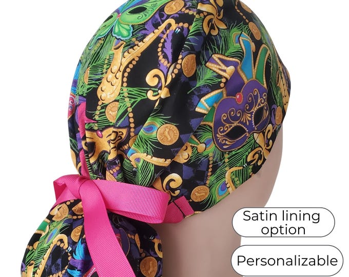 Mardi Grass Ponytail Scrub Cap: Satin Lining Option, Personalizable