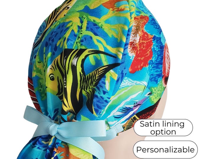 Ocean Reef Ponytail Scrub Cap - Surgical Cap - Satin Lined option