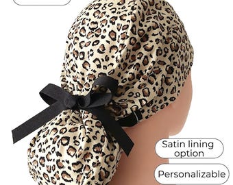 Animal Print Ponytail Scrub Cap for Women: Satin Lined Option