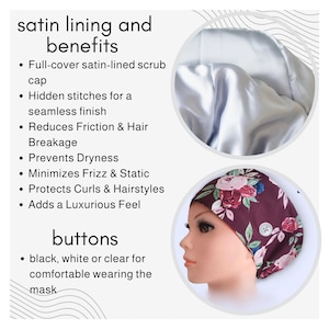Puede incluir: Un gorro quir&uacute;rgico burdeos con estampado floral, con forro de sat&eacute;n. La imagen destaca los beneficios del gorro: reducci&oacute;n de la fricci&oacute;n, prevenci&oacute;n de la rotura del cabello y reducci&oacute;n del encrespamiento. El gorro tiene un cierre de bot&oacute;n.