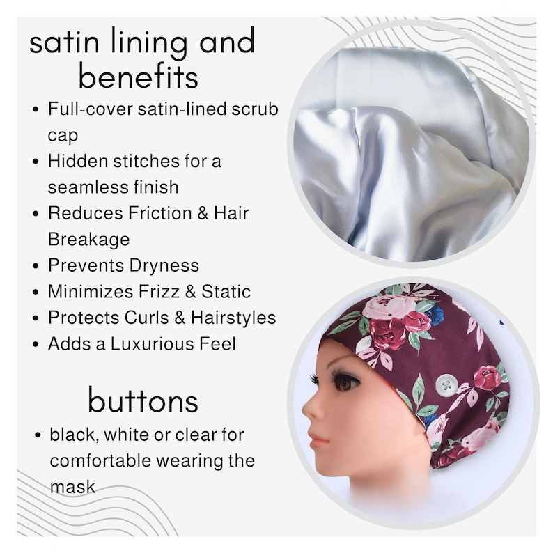 Puede incluir: Un gorro quir&uacute;rgico burdeos con estampado floral, con forro de sat&eacute;n. La imagen destaca los beneficios del gorro: reducci&oacute;n de la fricci&oacute;n, prevenci&oacute;n de la rotura del cabello y reducci&oacute;n del encrespamiento. El gorro tiene un cierre de bot&oacute;n.
