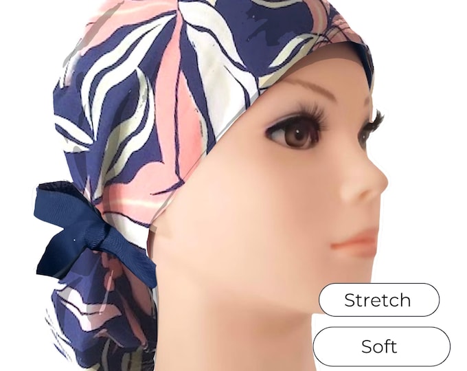 Stretch Ponytail Scrub Cap: Navy Peach Tropical Leaf, Adjustable Medical Hair Cover