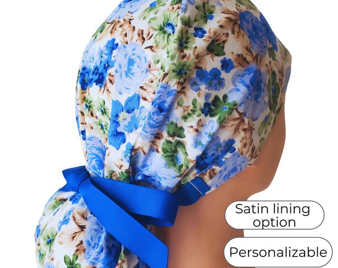 Royal blue Rose - Ponytail Scrub Cap for Women - Surgical Hat Satin Lined Option