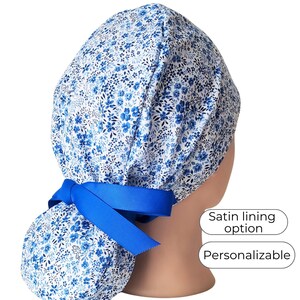 Scrub Hat Ponytail Style with Satin Lining and Personalization: Blue Floral