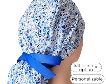 Scrub Hat Ponytail Style with Satin Lining and Personalization: Blue Floral