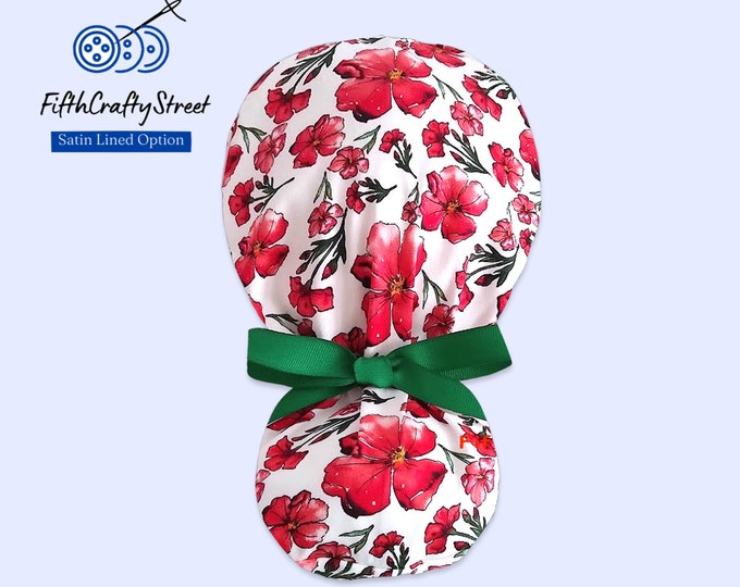 Floral red Ponytail Scrub Cap for Women - Satin Lined Surgical Cap with green ribbons - FifthCraftyStreet