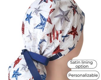 Patriotic Stars Ponytail Scrub Cap – Red, White & Blue