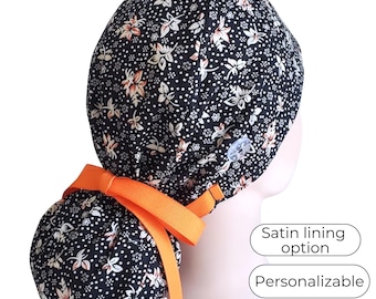 Floral Ponytail Scrub Cap for Women - Surgical Cap - Satin Lined Option - FifthCraftyStreet