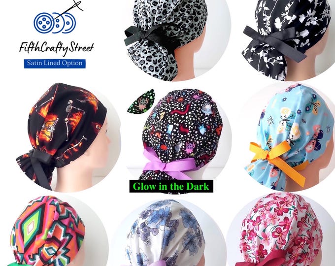 Ponytail Scrub Caps - Surgical Caps - Satin Lined Scrub Caps -Embroidered Scrub Caps -FifthCraftyStreet