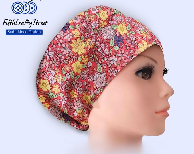Floral Print - Euro Scrub Cap - Adjustable - Satin Buttons Lined option