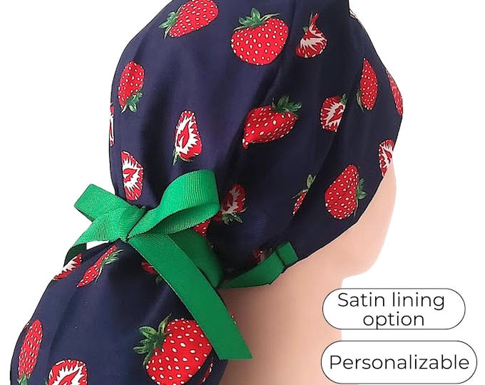 Navy Strawberry Ponytail Scrub Cap with Green Ribbon – Satin Lined Surgical Hat