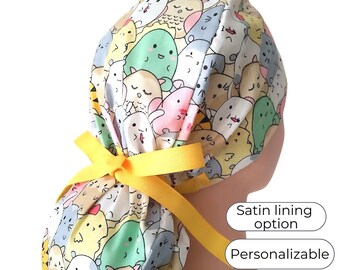 Easter Animal Farm Ponytail Scrub Cap: Satin-Lined Cotton Nurse Hat